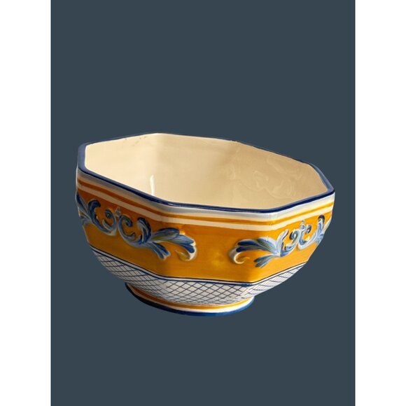 Fitz Floyd Ricamo Trattoria Octagonal Ceramic Bowl Yellow & Blue 6 1/4" - Picture 6 of 6